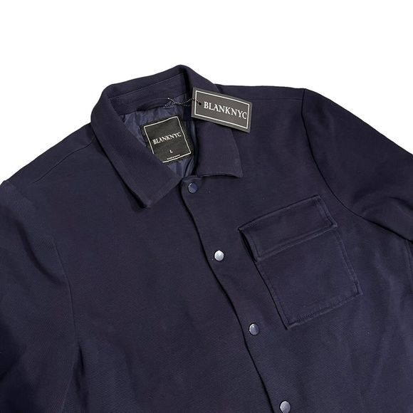 Blank NYC Jacket Men’s L Navy Blue Twill Shacket Snap Button Chest Pocket - Picture 16 of 16